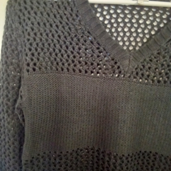 Charcoal Grey Open Knit Long Sleeve V Neck Sweater - Picture 5 of 15